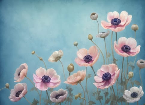 A captivating display of blooming anemones with delicate petals in soft hues against a tranquil blue backdrop. The image evokes a sense of ethereal beauty and serenity. Ideal for conveying themes of nature s elegance and spring s renewal.