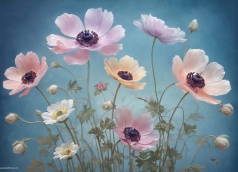 A captivating display of blooming anemones with delicate petals in soft hues against a tranquil blue backdrop. The image evokes a sense of ethereal beauty and serenity. Ideal for conveying themes of nature s elegance and spring s renewal.