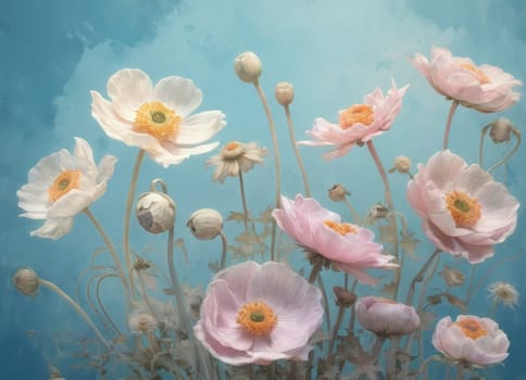 A captivating display of blooming anemones with delicate petals in soft hues against a tranquil blue backdrop. The image evokes a sense of ethereal beauty and serenity. Ideal for conveying themes of nature s elegance and spring s renewal.