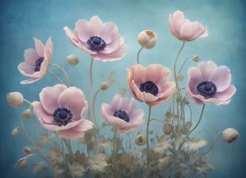 A captivating display of blooming anemones with delicate petals in soft hues against a tranquil blue backdrop. The image evokes a sense of ethereal beauty and serenity. Ideal for conveying themes of nature s elegance and spring s renewal.