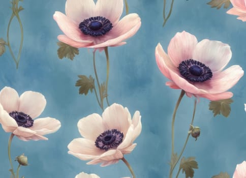 A captivating display of blooming anemones with delicate petals in soft hues against a tranquil blue backdrop. The image evokes a sense of ethereal beauty and serenity. Ideal for conveying themes of nature s elegance and spring s renewal.