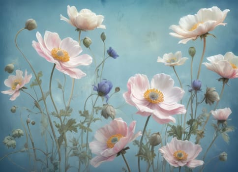 A captivating display of blooming anemones with delicate petals in soft hues against a tranquil blue backdrop. The image evokes a sense of ethereal beauty and serenity. Ideal for conveying themes of nature s elegance and spring s renewal.