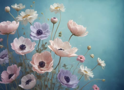 A captivating display of blooming anemones with delicate petals in soft hues against a tranquil blue backdrop. The image evokes a sense of ethereal beauty and serenity. Ideal for conveying themes of nature s elegance and spring s renewal.