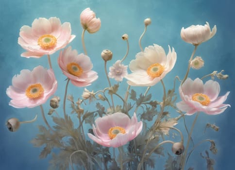 A captivating display of blooming anemones with delicate petals in soft hues against a tranquil blue backdrop. The image evokes a sense of ethereal beauty and serenity. Ideal for conveying themes of nature s elegance and spring s renewal.