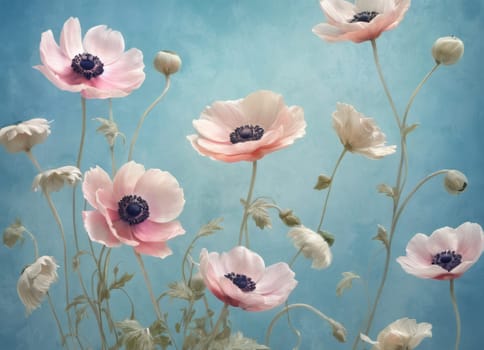 A captivating display of blooming anemones with delicate petals in soft hues against a tranquil blue backdrop. The image evokes a sense of ethereal beauty and serenity. Ideal for conveying themes of nature s elegance and spring s renewal.