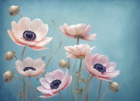 A captivating display of blooming anemones with delicate petals in soft hues against a tranquil blue backdrop. The image evokes a sense of ethereal beauty and serenity. Ideal for conveying themes of nature s elegance and spring s renewal.