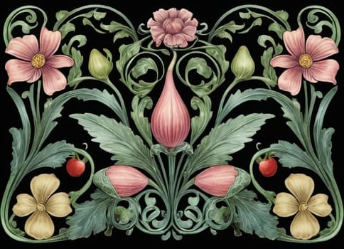 A captivating artwork featuring a symmetrical display of lush green vines intertwined with blooming flowers and hanging fruits. The classical design exudes an aura of natural elegance and vintage charm. Ideal for enhancing the aesthetic appeal of any space.