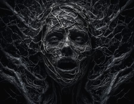 a screaming man is entwined in branches, his face full of horror and pain. mental disorders concept.