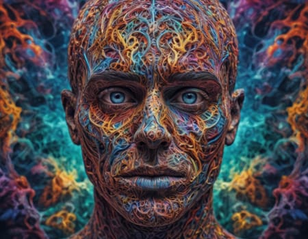 A breathtaking abstract portrait surrounded by a swirl of vibrant and mystical colors. to convey themes of mystery and creativity, esotericism and mental illness