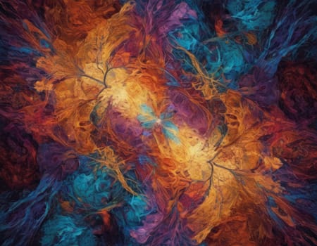 A mesmerizing swirl of vibrant colors that seems to depict a cosmic dance. The intertwining hues of blue and orange create a visually stunning abstract artwork full of energy and movement