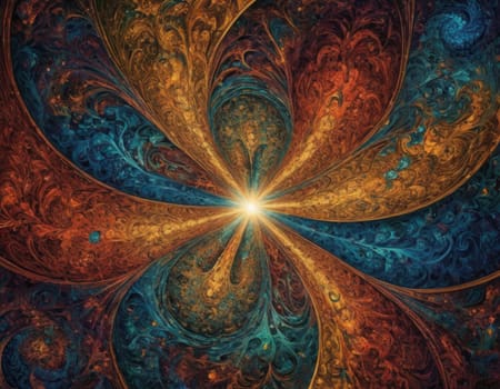 A mesmerizing swirl of vibrant colors that seems to depict a cosmic dance. The intertwining hues of blue and orange create a visually stunning abstract artwork full of energy and movement