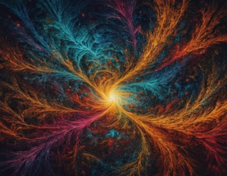 A mesmerizing swirl of vibrant colors that seems to depict a cosmic dance. The intertwining hues of blue and orange create a visually stunning abstract artwork full of energy and movement