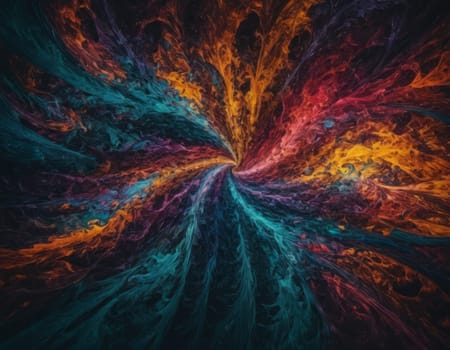 A mesmerizing swirl of vibrant colors that seems to depict a cosmic dance. The intertwining hues of blue and orange create a visually stunning abstract artwork full of energy and movement