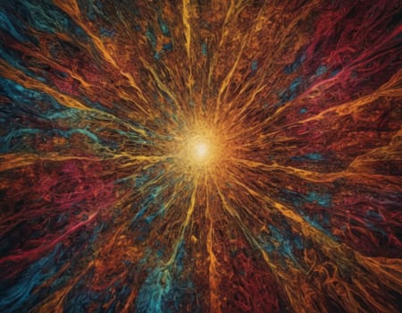 A mesmerizing swirl of vibrant colors that seems to depict a cosmic dance. The intertwining hues of blue and orange create a visually stunning abstract artwork full of energy and movement