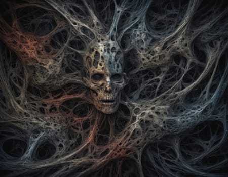 Two skulls enveloped in a dance of ethereal threads symbolizing an eternal connection. The artwork exudes a haunting yet beautiful aura. Ideal for themes of love beyond life and mystical energies.