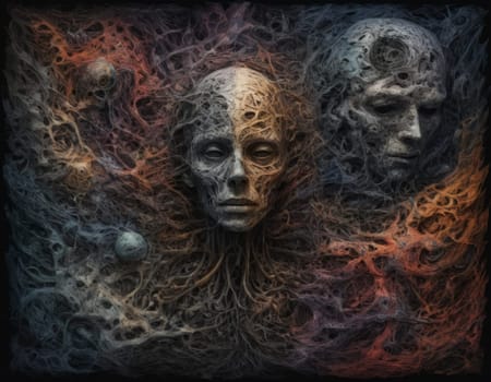 Two skulls enveloped in a dance of ethereal threads symbolizing an eternal connection. The artwork exudes a haunting yet beautiful aura. Ideal for themes of love beyond life and mystical energies.