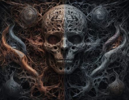 Two skulls enveloped in a dance of ethereal threads symbolizing an eternal connection. The artwork exudes a haunting yet beautiful aura. Ideal for themes of love beyond life and mystical energies.