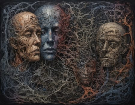 Two skulls enveloped in a dance of ethereal threads symbolizing an eternal connection. The artwork exudes a haunting yet beautiful aura. Ideal for themes of love beyond life and mystical energies.