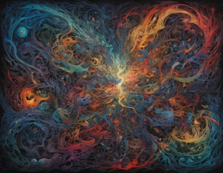 A mesmerizing swirl of vibrant colors that seems to depict a cosmic dance. The intertwining hues of blue and orange create a visually stunning abstract artwork full of energy and movement