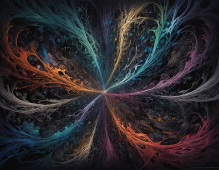 A mesmerizing swirl of vibrant colors that seems to depict a cosmic dance. The intertwining hues of blue and orange create a visually stunning abstract artwork full of energy and movement
