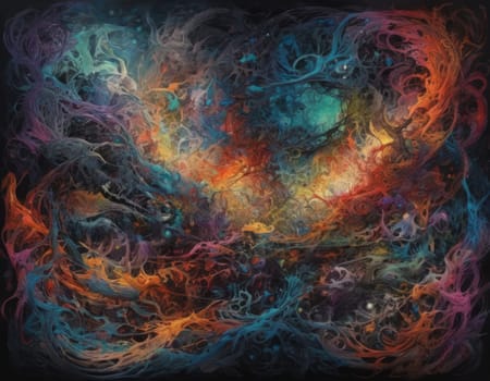 A mesmerizing swirl of vibrant colors that seems to depict a cosmic dance. The intertwining hues of blue and orange create a visually stunning abstract artwork full of energy and movement