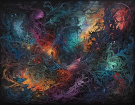 A mesmerizing swirl of vibrant colors that seems to depict a cosmic dance. The intertwining hues of blue and orange create a visually stunning abstract artwork full of energy and movement