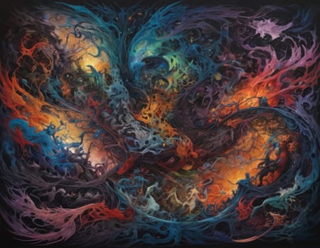 A mesmerizing swirl of vibrant colors that seems to depict a cosmic dance. The intertwining hues of blue and orange create a visually stunning abstract artwork full of energy and movement
