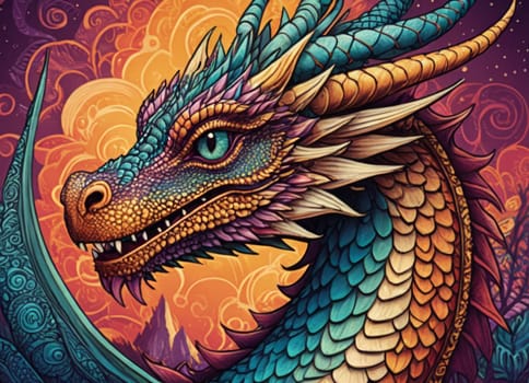 A close-up of a majestic dragon with intricate scales amidst a backdrop of vibrant swirling colors. The mythical creature s eyes gleam with mystery as it emerges from the fantastical ambiance.