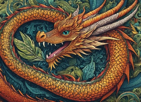 A close-up of a majestic dragon with intricate scales amidst a backdrop of vibrant swirling colors. The mythical creature s eyes gleam with mystery as it emerges from the fantastical ambiance.