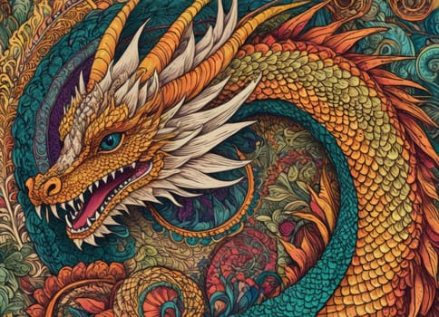 A close-up of a majestic dragon with intricate scales amidst a backdrop of vibrant swirling colors. The mythical creature s eyes gleam with mystery as it emerges from the fantastical ambiance.