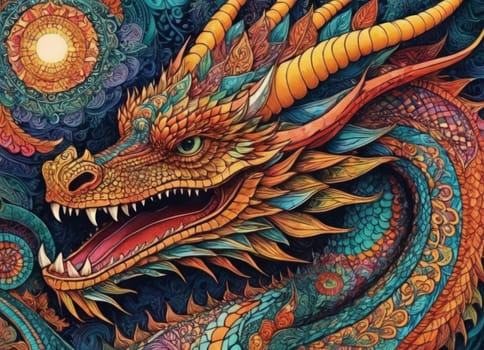 A close-up of a majestic dragon with intricate scales amidst a backdrop of vibrant swirling colors. The mythical creature s eyes gleam with mystery as it emerges from the fantastical ambiance.