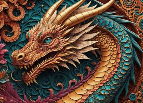 A close-up of a majestic dragon with intricate scales amidst a backdrop of vibrant swirling colors. The mythical creature s eyes gleam with mystery as it emerges from the fantastical ambiance.