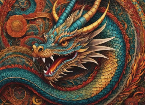 A close-up of a majestic dragon with intricate scales amidst a backdrop of vibrant swirling colors. The mythical creature s eyes gleam with mystery as it emerges from the fantastical ambiance.