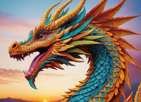 A close-up of a majestic dragon with intricate scales amidst a backdrop of vibrant swirling colors. The mythical creature s eyes gleam with mystery as it emerges from the fantastical ambiance.