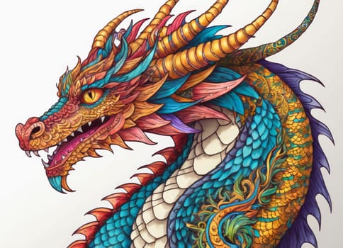 Illustration of a majestic blue dragon adorned with intricate designs on its scales. The creature s fierce expression and poised stance exude power and mystique.