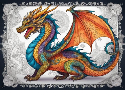 Illustration of a majestic blue dragon adorned with intricate designs on its scales. The creature s fierce expression and poised stance exude power and mystique.