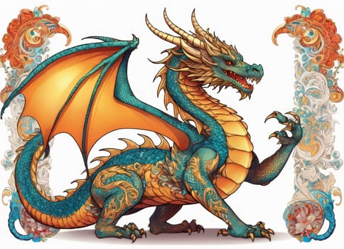 Illustration of a majestic blue dragon adorned with intricate designs on its scales. The creature s fierce expression and poised stance exude power and mystique.