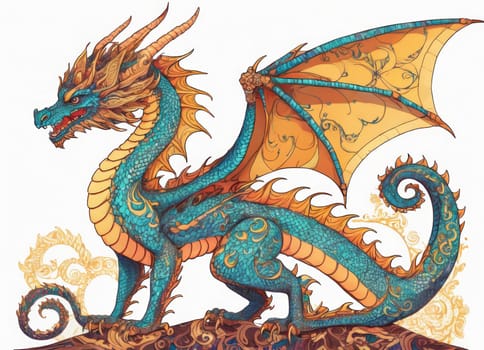 Illustration of a majestic blue dragon adorned with intricate designs on its scales. The creature s fierce expression and poised stance exude power and mystique.