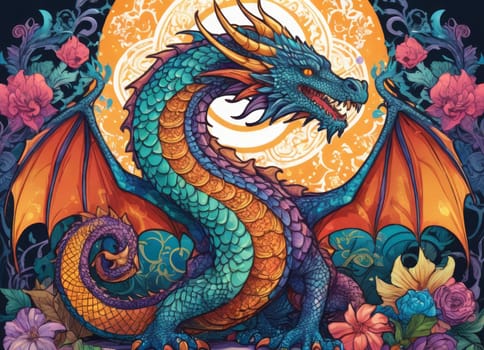 A close-up of a majestic dragon with intricate scales amidst a backdrop of vibrant swirling colors. The mythical creature s eyes gleam with mystery as it emerges from the fantastical ambiance.