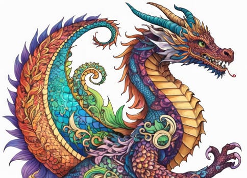 Illustration of a majestic blue dragon adorned with intricate designs on its scales. The creature s fierce expression and poised stance exude power and mystique.