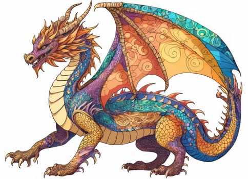 Illustration of a majestic blue dragon adorned with intricate designs on its scales. The creature s fierce expression and poised stance exude power and mystique.