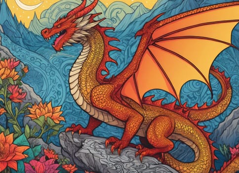 A close-up of a majestic dragon with intricate scales amidst a backdrop of vibrant swirling colors. The mythical creature s eyes gleam with mystery as it emerges from the fantastical ambiance.