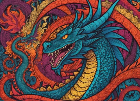 A close-up of a majestic dragon with intricate scales amidst a backdrop of vibrant swirling colors. The mythical creature s eyes gleam with mystery as it emerges from the fantastical ambiance.