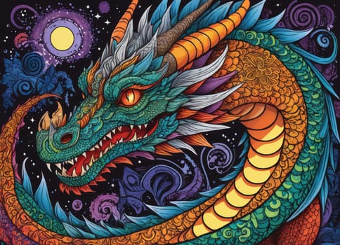 A close-up of a majestic dragon with intricate scales amidst a backdrop of vibrant swirling colors. The mythical creature s eyes gleam with mystery as it emerges from the fantastical ambiance.