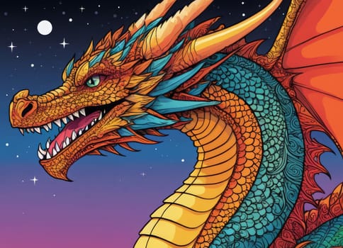 A close-up of a majestic dragon with intricate scales amidst a backdrop of vibrant swirling colors. The mythical creature s eyes gleam with mystery as it emerges from the fantastical ambiance.