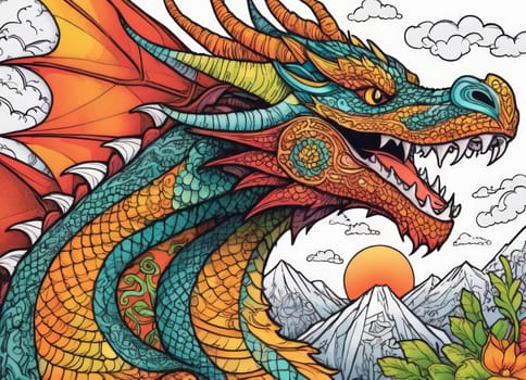 Illustration of a majestic blue dragon adorned with intricate designs on its scales. The creature s fierce expression and poised stance exude power and mystique.