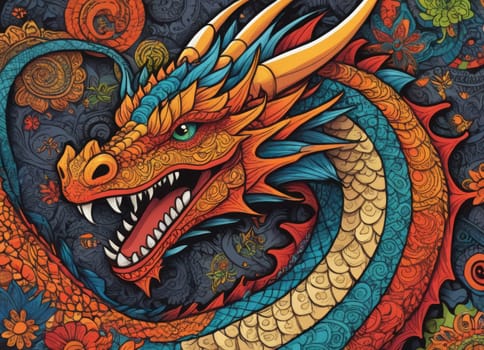 A close-up of a majestic dragon with intricate scales amidst a backdrop of vibrant swirling colors. The mythical creatures eyes gleam with mystery as it emerges from the fantastical ambiance.
