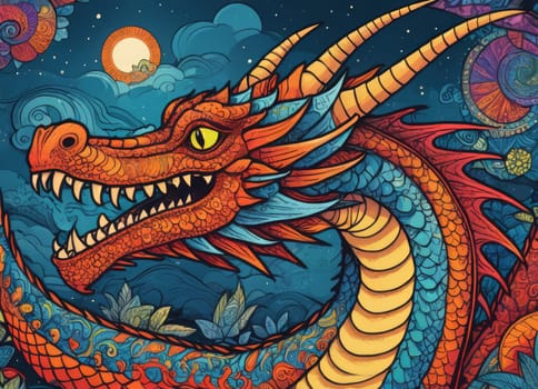 A close-up of a majestic dragon with intricate scales amidst a backdrop of vibrant swirling colors. The mythical creature s eyes gleam with mystery as it emerges from the fantastical ambiance.
