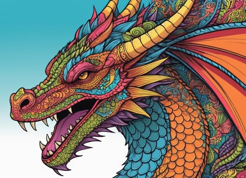 Illustration of a majestic blue dragon adorned with intricate designs on its scales. The creature s fierce expression and poised stance exude power and mystique.