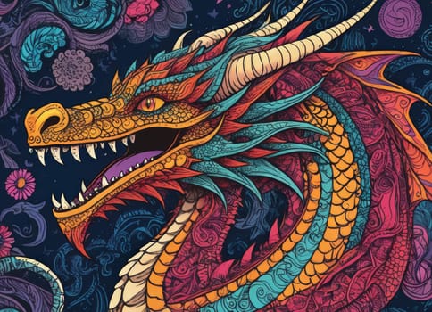 A close-up of a majestic dragon with intricate scales amidst a backdrop of vibrant swirling colors. The mythical creature s eyes gleam with mystery as it emerges from the fantastical ambiance.